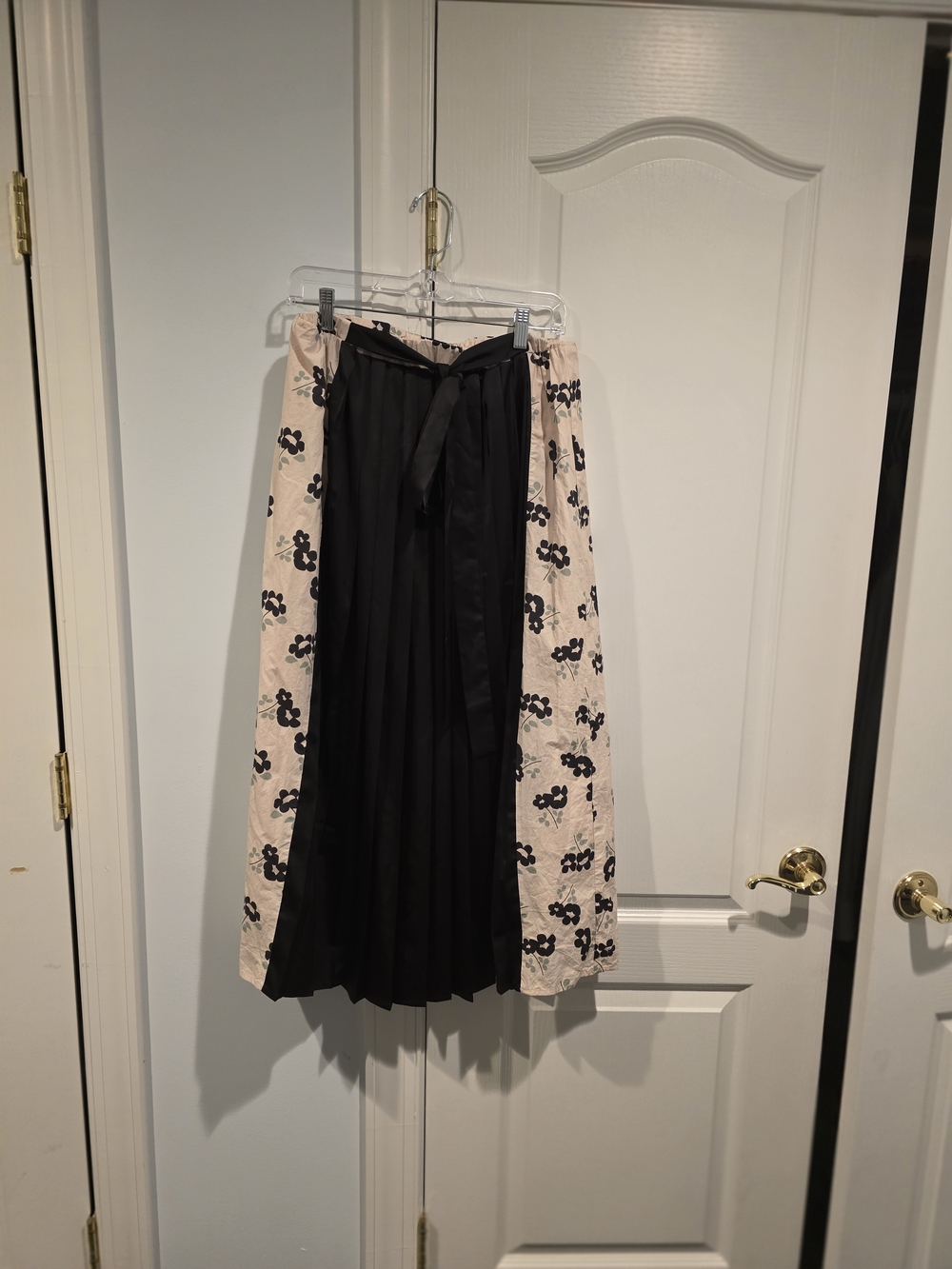 Pleated Black Midi Skirt with Cream Floral Side Panels
